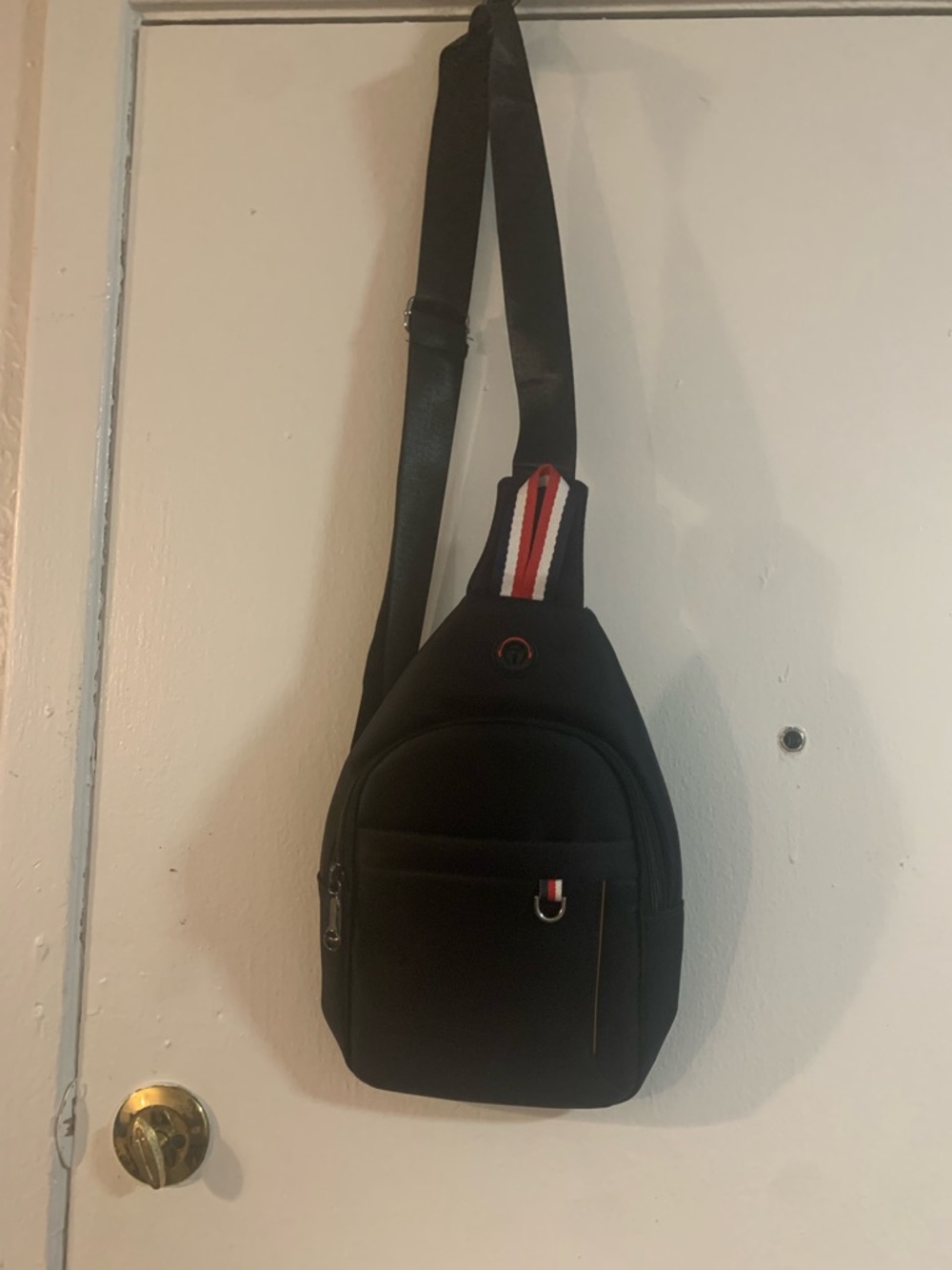 Black Men’s Crossbody Sling Bag with Red-White Accent